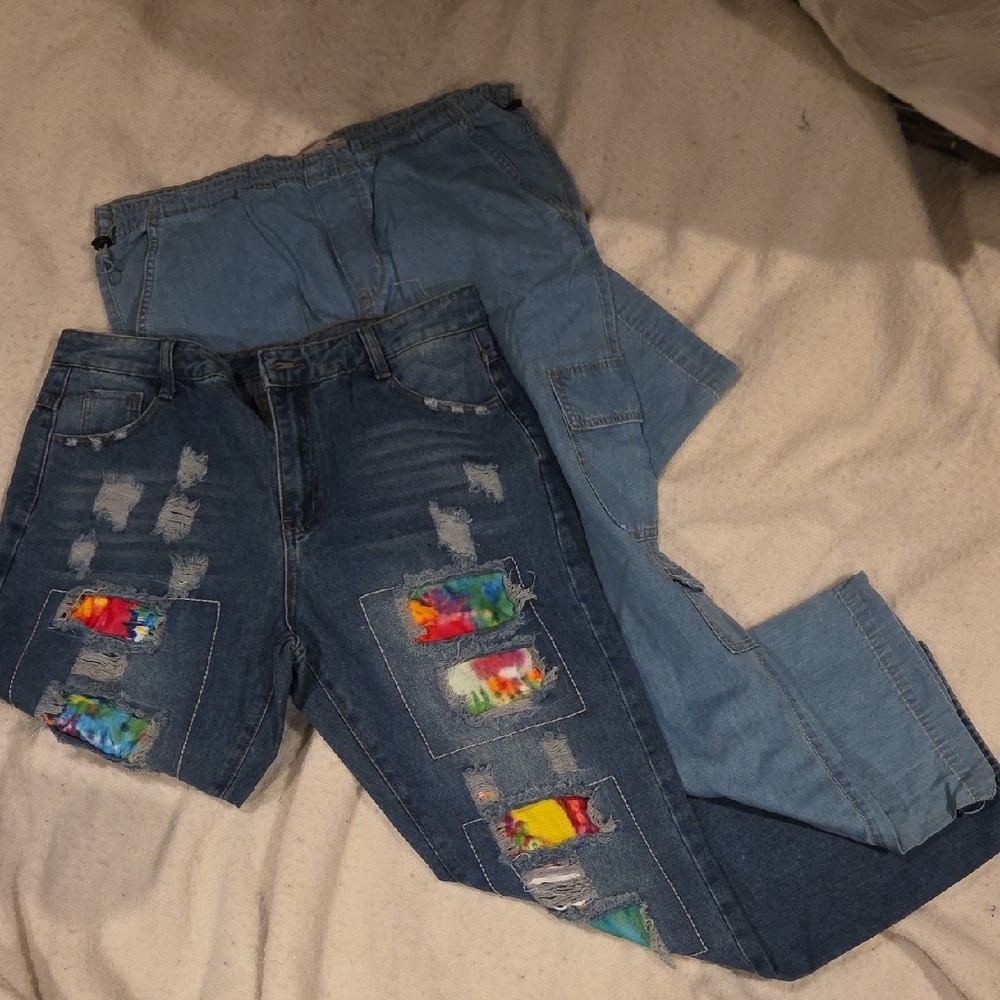 Stylish Distressed Blue Jeans with Colorful Accents